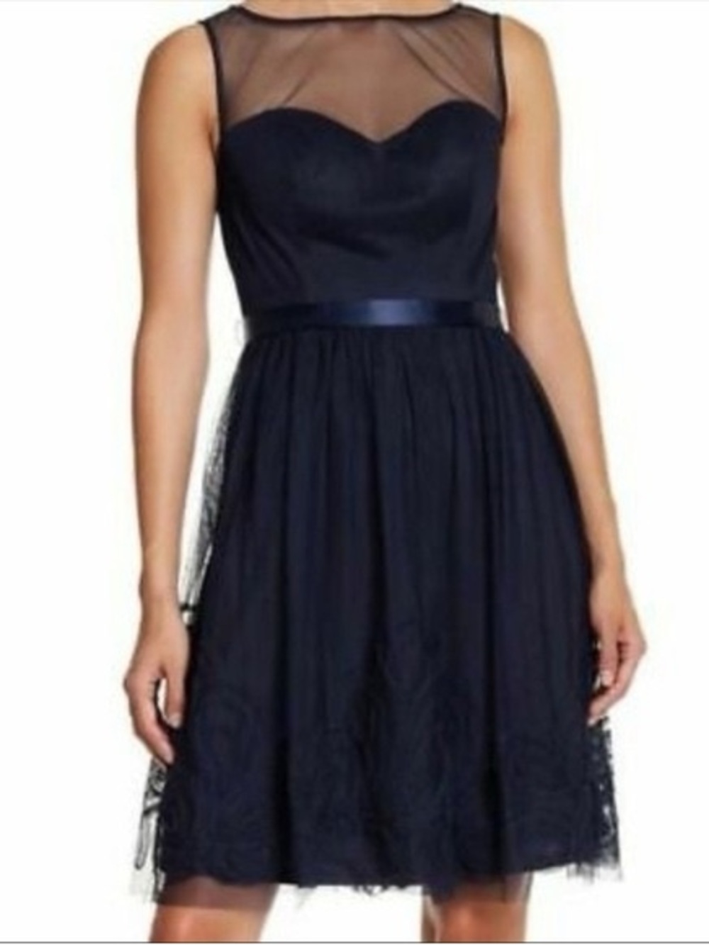 ELIZA J Navy Blue mesh illusion textured Fit and Flare Cocktail Party Dress